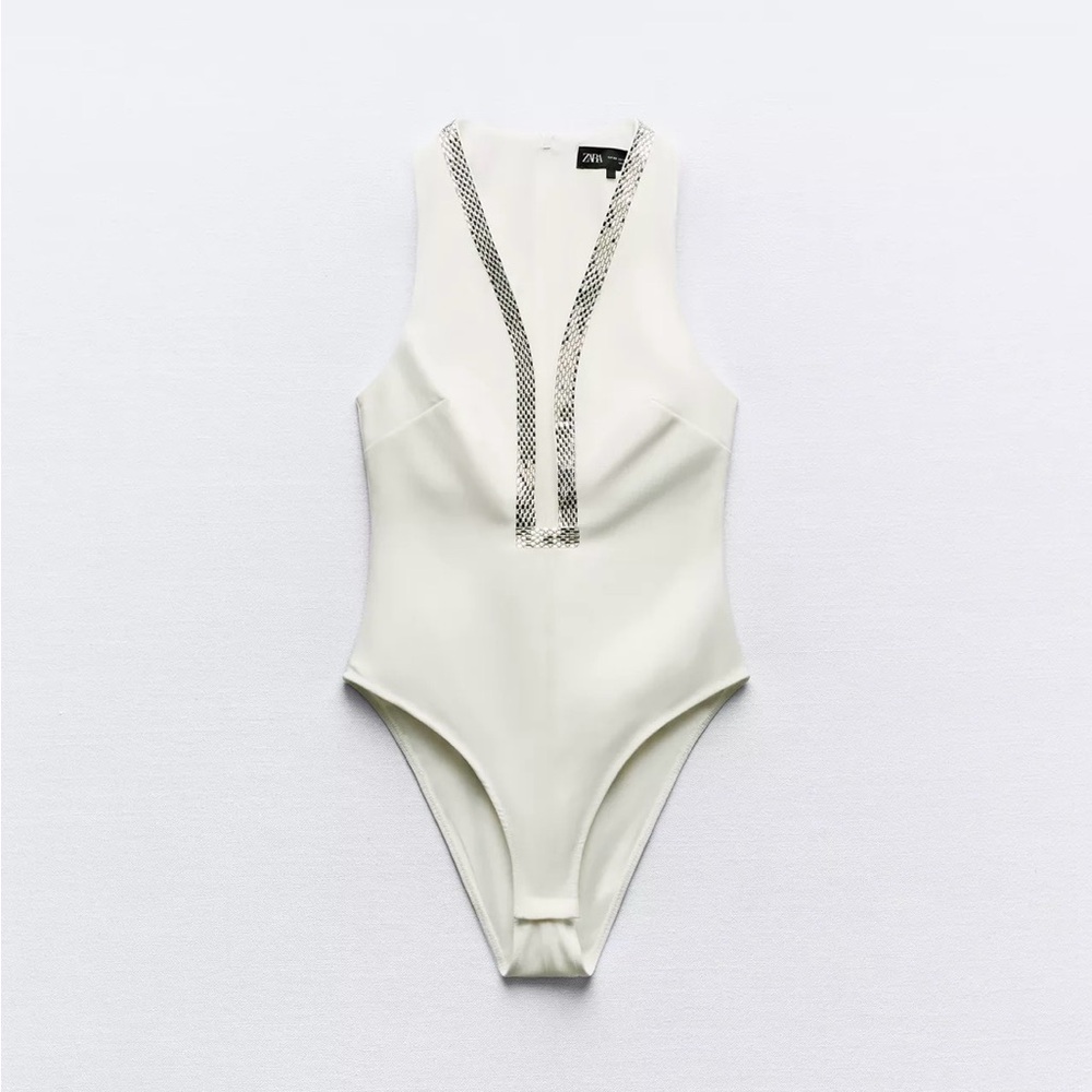 Zara Cream Sleeveless Bodysuit with Metallic Trim